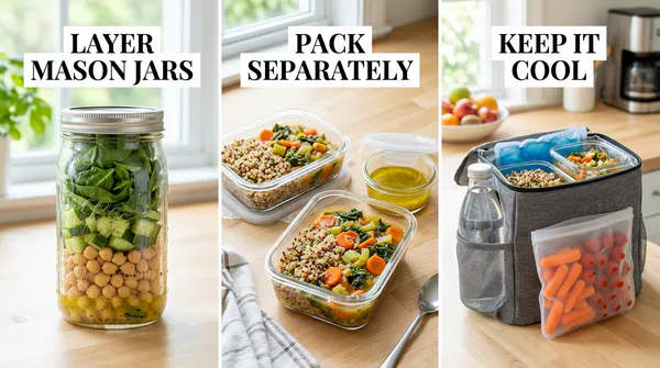 A three-panel guide showing meal prep and storage tips: a layered mason jar salad, glass meal prep containers with separately packed dressing, and an insulated lunch bag with ice packs for travel.