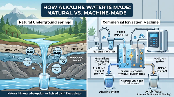 An illustrative infographic image contrasting the creation of natural alkaline water through geological mineral absorption in springs against the electrical process of commercial ionization machines.