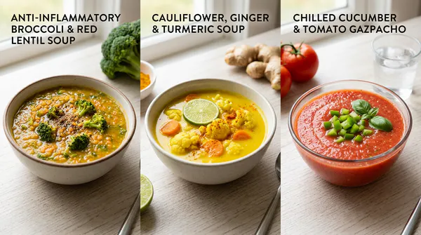Three ceramic bowls side by side showcasing alkaline soup ideas: broccoli red lentil soup, golden cauliflower ginger turmeric soup with a lime wedge, and a chilled tomato cucumber gazpacho garnished with basil