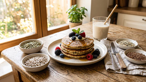 A plate of healthy seed pancakes on a rustic wooden table surrounded by small bowls of raw pumpkin, sunflower, sesame, and flax seeds, with a glass of almond milk.