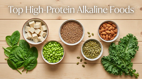 Top high-protein alkaline plant foods including tofu, edamame, lentils, pumpkin seeds, and almonds.