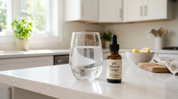 A clear glass of filtered water next to a small dropper bottle on a bright, modern kitchen counter, symbolizing a precise and simple recipe, featuring the text "pH Mineral Drops".
