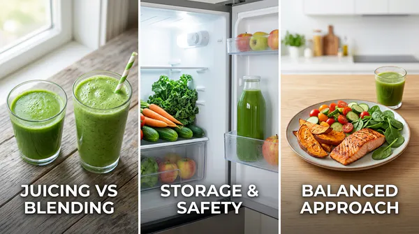 A three-panel educational graphic illustrating practical juicing tips: comparing green juice and smoothies, a glass jar of juice stored in a clean refrigerator, and a balanced meal plate paired with fresh juice.