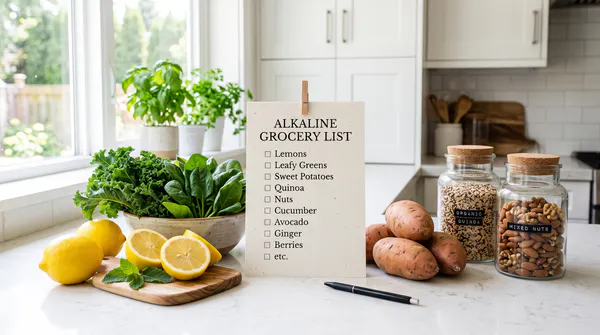A bright kitchen counter displaying a printed grocery list surrounded by fresh lemons, leafy greens, sweet potatoes, and jars of quinoa and nuts, featuring the text "Alkaline Grocery List".