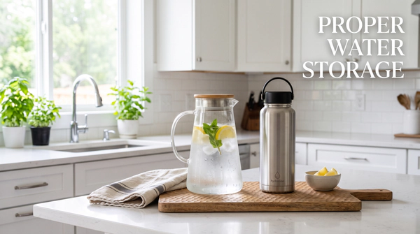 A glass pitcher of water and a stainless steel water bottle resting on a bright, clean kitchen counter, highlighting safe storage containers, featuring the text "PROPER WATER STORAGE".
