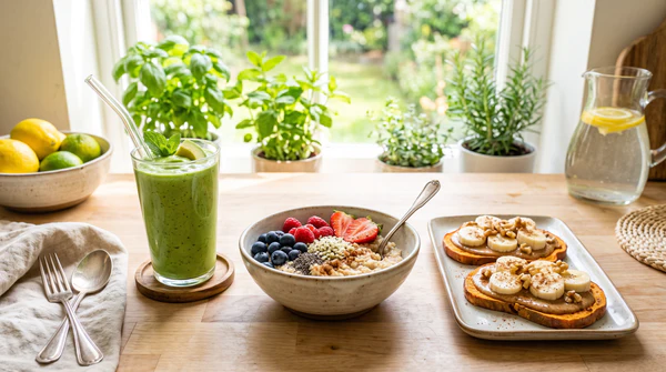 A quick and easy alkaline breakfast spread on a bright kitchen counter, featuring a spinach avocado green smoothie, a bowl of warm quinoa berry porridge, and a slice of sweet potato toast topped with almond butter and banana slices.