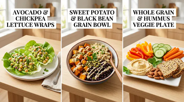 Three quick 15-minute alkaline lunch options presented on a light wooden surface: avocado chickpea lettuce wraps, a sweet potato black bean grain bowl with tahini, and a hummus veggie platter with sprouted bread.