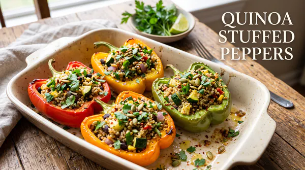 A vibrant, oven-baked dish of colorful bell pepper halves stuffed with a healthy mix of quinoa, zucchini, and fresh herbs, featuring the text "Quinoa Stuffed Peppers".