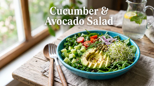 A brightly lit, close-up shot of a fresh green salad filled with mixed baby greens, diced cucumber, avocado slices, and alfalfa sprouts in a bowl, featuring the text "Cucumber & Avocado Salad".