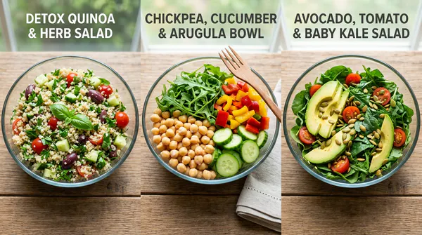 Three glass bowls featuring refreshing alkaline lunch salads: a quinoa herb salad, a chickpea cucumber arugula bowl, and an avocado tomato baby kale salad on a rustic wooden table.