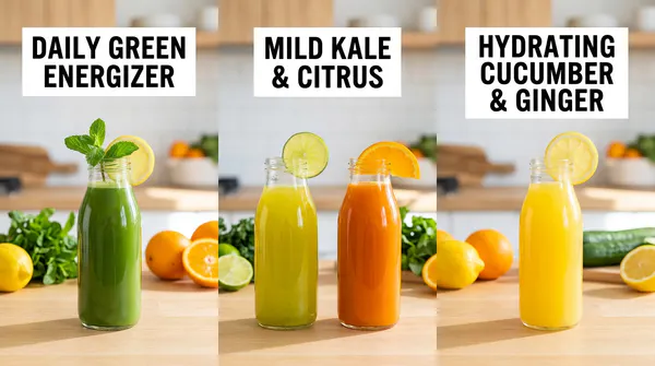 Alkaline Juice Recipes - Four glass bottles filled with fresh cold-pressed alkaline juices—green energizer, kale citrus, cucumber ginger, and summer citrus—displayed on a bright kitchen table alongside fresh fruit and vegetable ingredients.