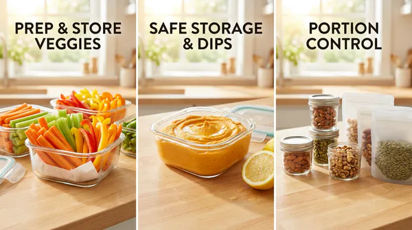 A three-panel educational graphic illustrating practical snack prep and storage tips: prepped vegetable sticks stored in glass containers with paper towels, sweet potato hummus in an airtight glass jar with lemon juice, and pre-portioned nuts and seeds in small jars.
