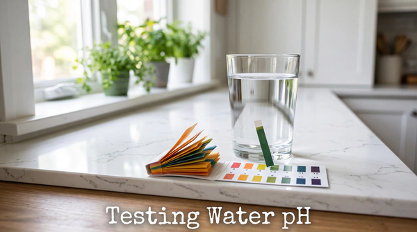 A clear glass of water on a bright kitchen counter next to colorful pH test strips and a color chart, demonstrating a simple testing method, featuring the text "Testing Water pH".