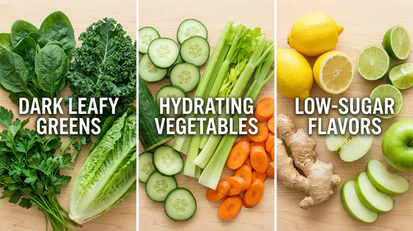 A three-panel ingredient guide showing dark leafy greens like spinach and kale, hydrating vegetables like cucumber and celery, and low-sugar flavor enhancers like lemon, ginger, and green apple arranged on a wooden table.