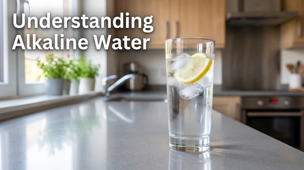 A clear, refreshing glass of water resting on a bright, modern kitchen counter with soft natural lighting, featuring the text "Understanding Alkaline Water".