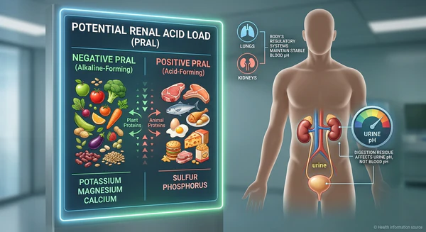 Educational infographic comparing positive and negative PRAL foods and their impact on urine pH.
