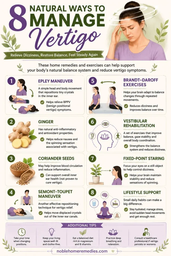 8 vertigo home remedies and helpful techniques, including the Epley maneuver, ginger, coriander seeds, Semont-Toupet maneuver, Brandt-Daroff exercises, vestibular rehabilitation, fixed-point staring, and lifestyle support for managing dizziness and balance symptoms.