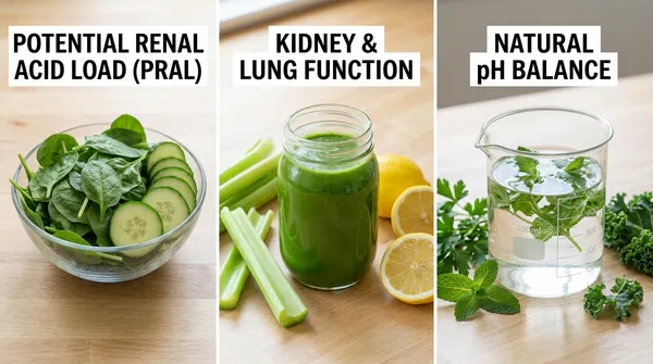 A three-panel educational image showing raw leafy spinach and cucumbers, a fresh green vegetable juice with celery and lemon, and a clean beaker, illustrating PRAL and natural pH balance concepts.