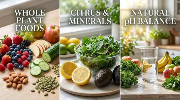 A three-panel educational graphic illustrating alkaline-style snacks: whole plant ingredients like berries and nuts, citrus fruits and avocado for mineral content, and a clean water glass symbolizing natural body balance.