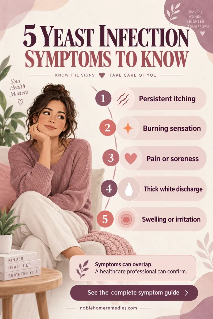 Pinterest infographic titled “5 Yeast Infection Symptoms to Know,” listing persistent itching, burning, soreness, thick white discharge, and swelling or irritation, with a reminder to seek professional confirmation.